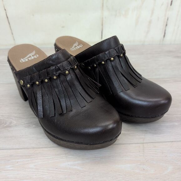 Dansko Shoes Women Size 39 Deni Fringe Slip On Clogs Heel Mule Leather Brown - Picture 1 of 9